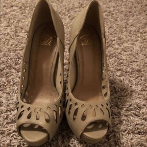 Taupe suede open toe heels